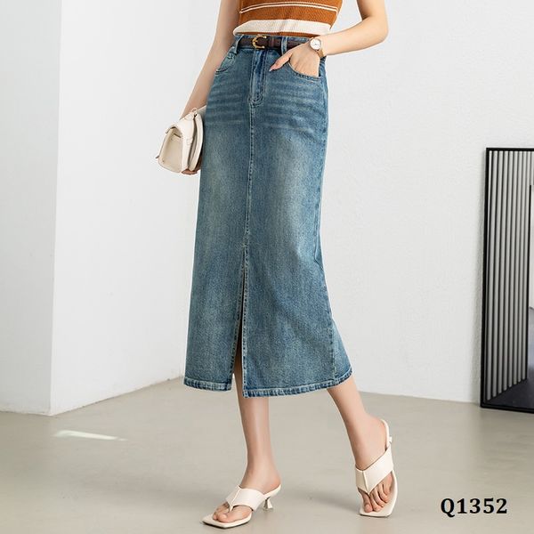  Q1352-Chân Váy Jeans Denim Xẻ Tà Trước 