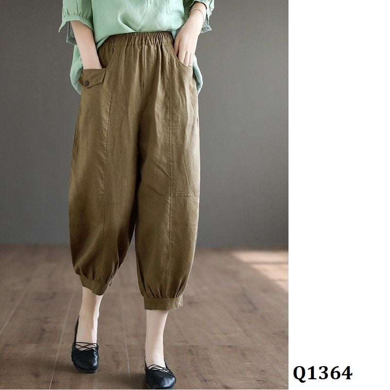  Q1364-Quần Linen Harem Túi Nắp 