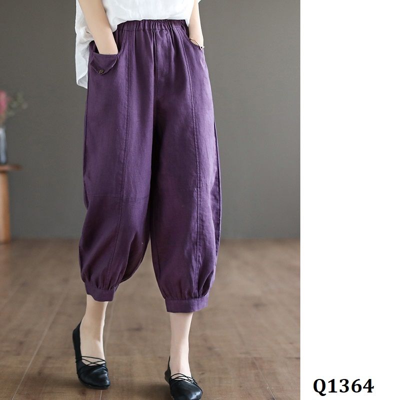  Q1364-Quần Linen Harem Túi Nắp 