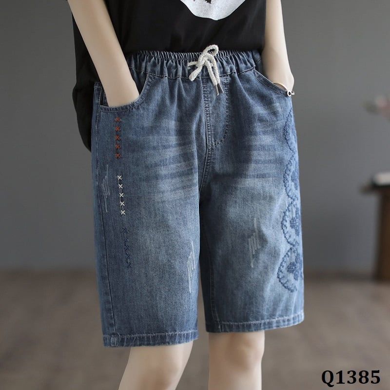  Q1385-Quần Short Jeans Co Dãn Thêu Hoa Tứ Quý 