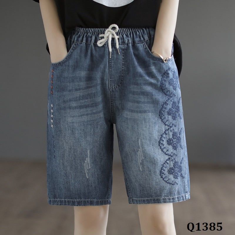  Q1385-Quần Short Jeans Co Dãn Thêu Hoa Tứ Quý 