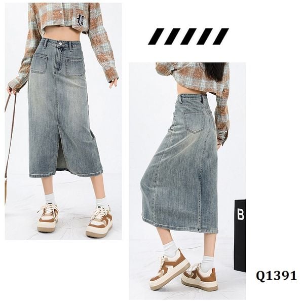  Q1391-Chân Váy Jeans Xẻ Tà Túi Trước Sau 