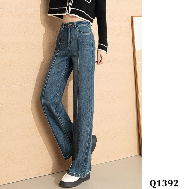  Q1392-Quần Jeans Lưng Cao Ống Suông Ly Giữa 