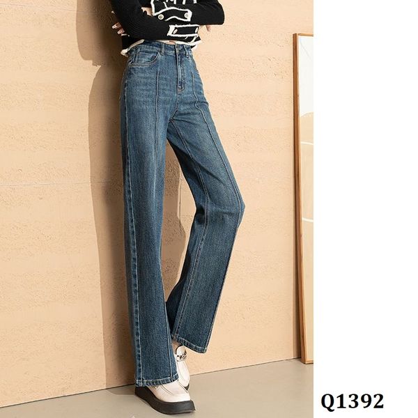  Q1392-Quần Jeans Lưng Cao Ống Suông Ly Giữa 