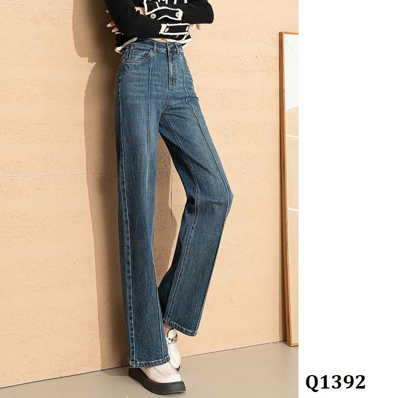  Q1392-Quần Jeans Lưng Cao Ống Suông Ly Giữa 