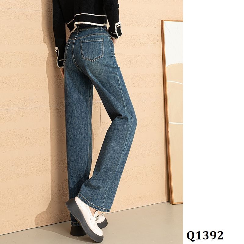  Q1392-Quần Jeans Lưng Cao Ống Suông Ly Giữa 