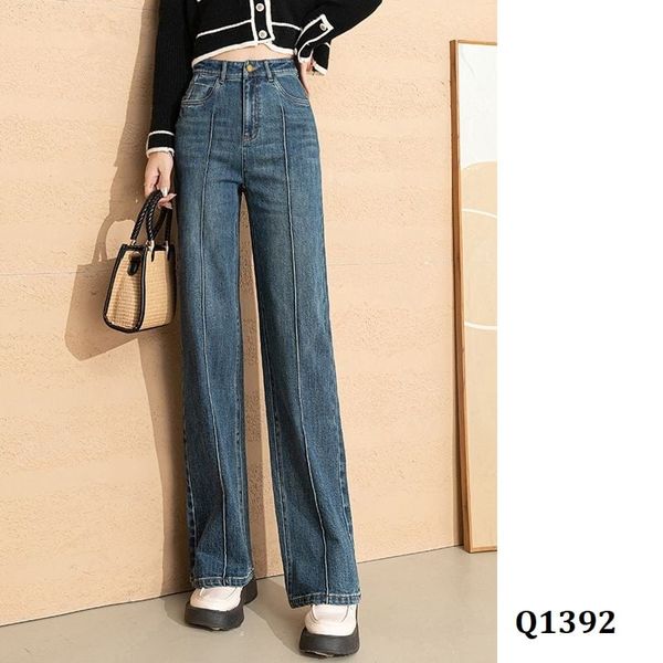  Q1392-Quần Jeans Lưng Cao Ống Suông Ly Giữa 