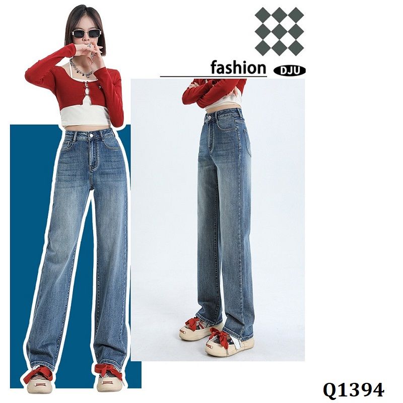  Q1394-Quần Jeans Lưng Cao Ống Đứng Co Dãn 