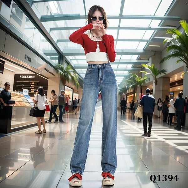  Q1394-Quần Jeans Lưng Cao Ống Đứng Co Dãn 