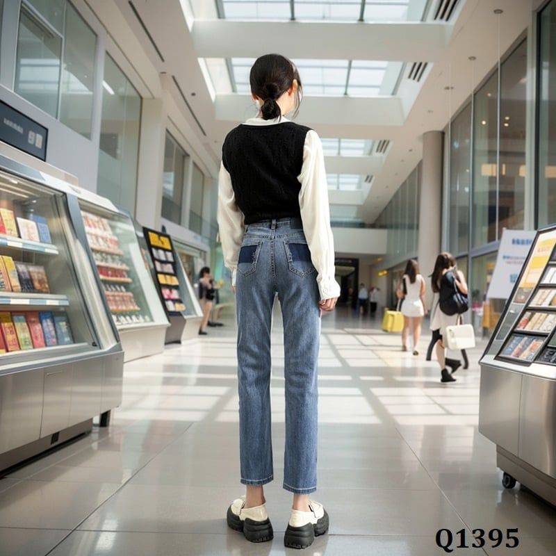  Q1395-Quần Jeans  Ống Đứng Mảnh Mai Co Dãn 