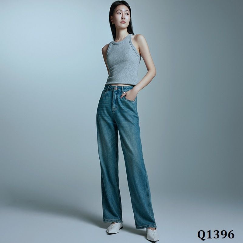  Q1396-Quần Jeans Lụa Lưng Cao Ống Suông Mềm Mại 