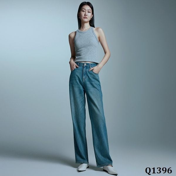  Q1396-Quần Jeans Lụa Lưng Cao Ống Suông Mềm Mại 