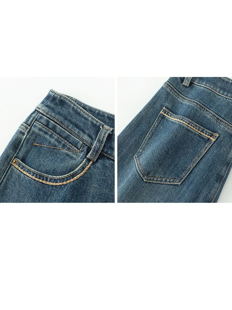  Q161-Quần Jeans Lụa Ống Suông Điểm Chỉ Thêu 