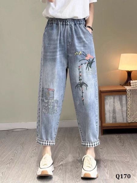  Q170-Quần Jeans Retro Thêu Hoa 9 Tấc 