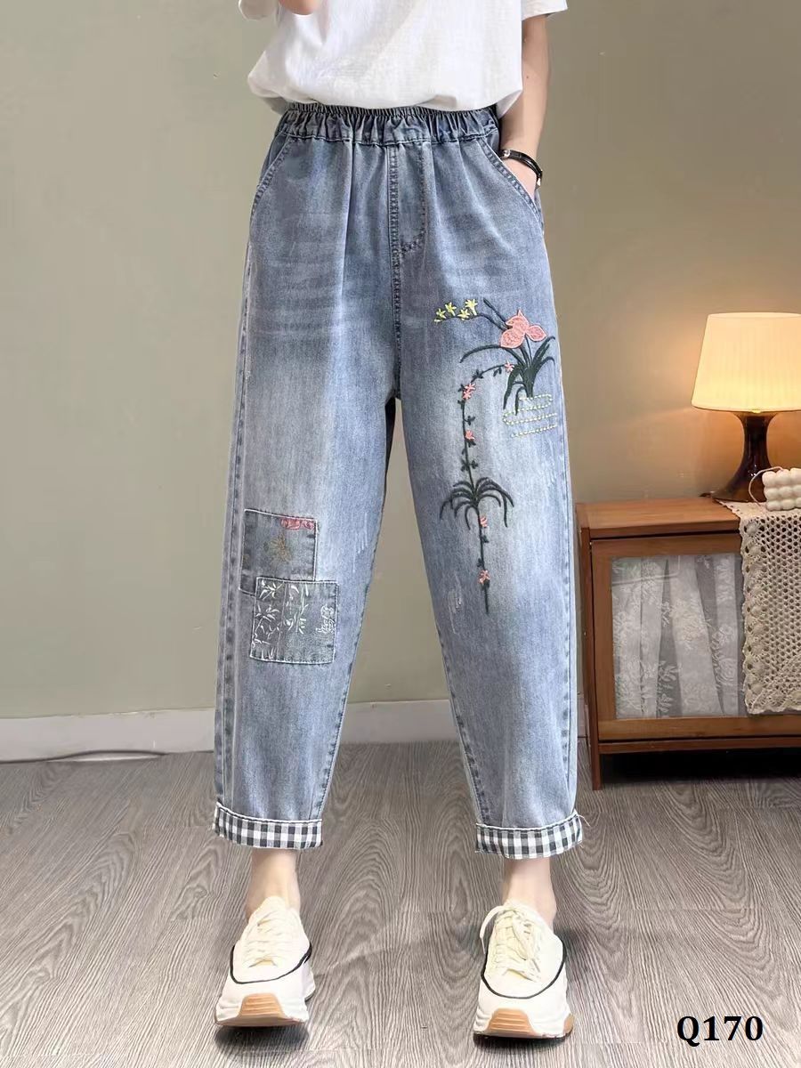  Q170-Quần Jeans Retro Thêu Hoa 9 Tấc 
