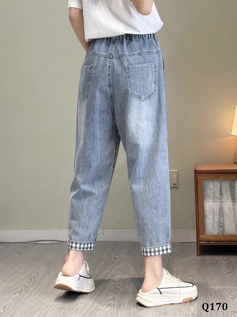 Q170-Quần Jeans Retro Thêu Hoa 9 Tấc 