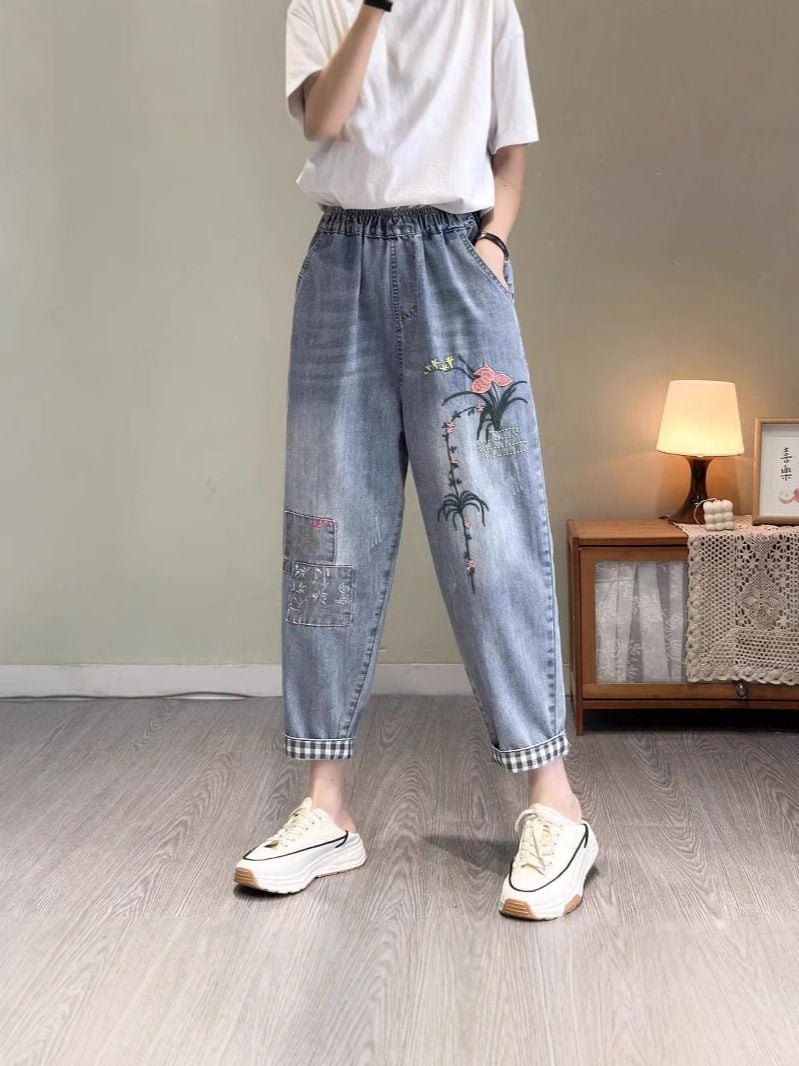  Q170-Quần Jeans Retro Thêu Hoa 9 Tấc 