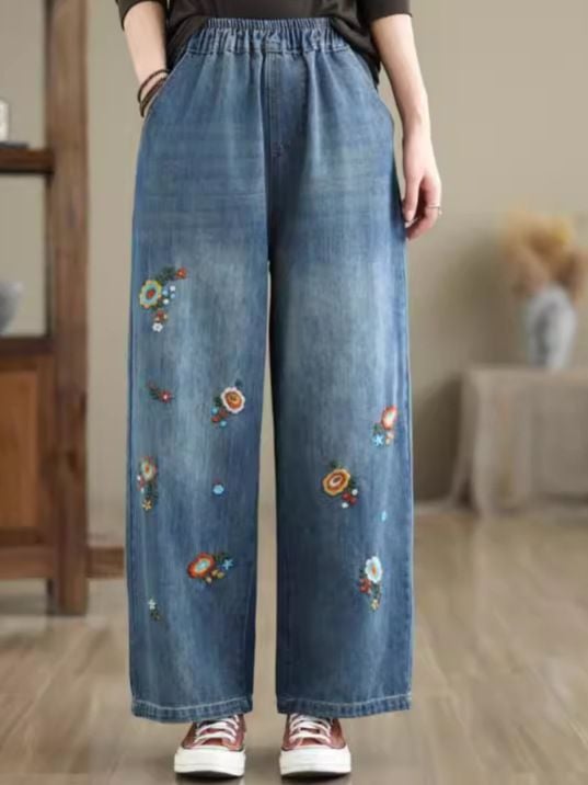  Q176-Quần Jeans Ống Suông Thêu Hoa Lưng Thun 9 Tấc 