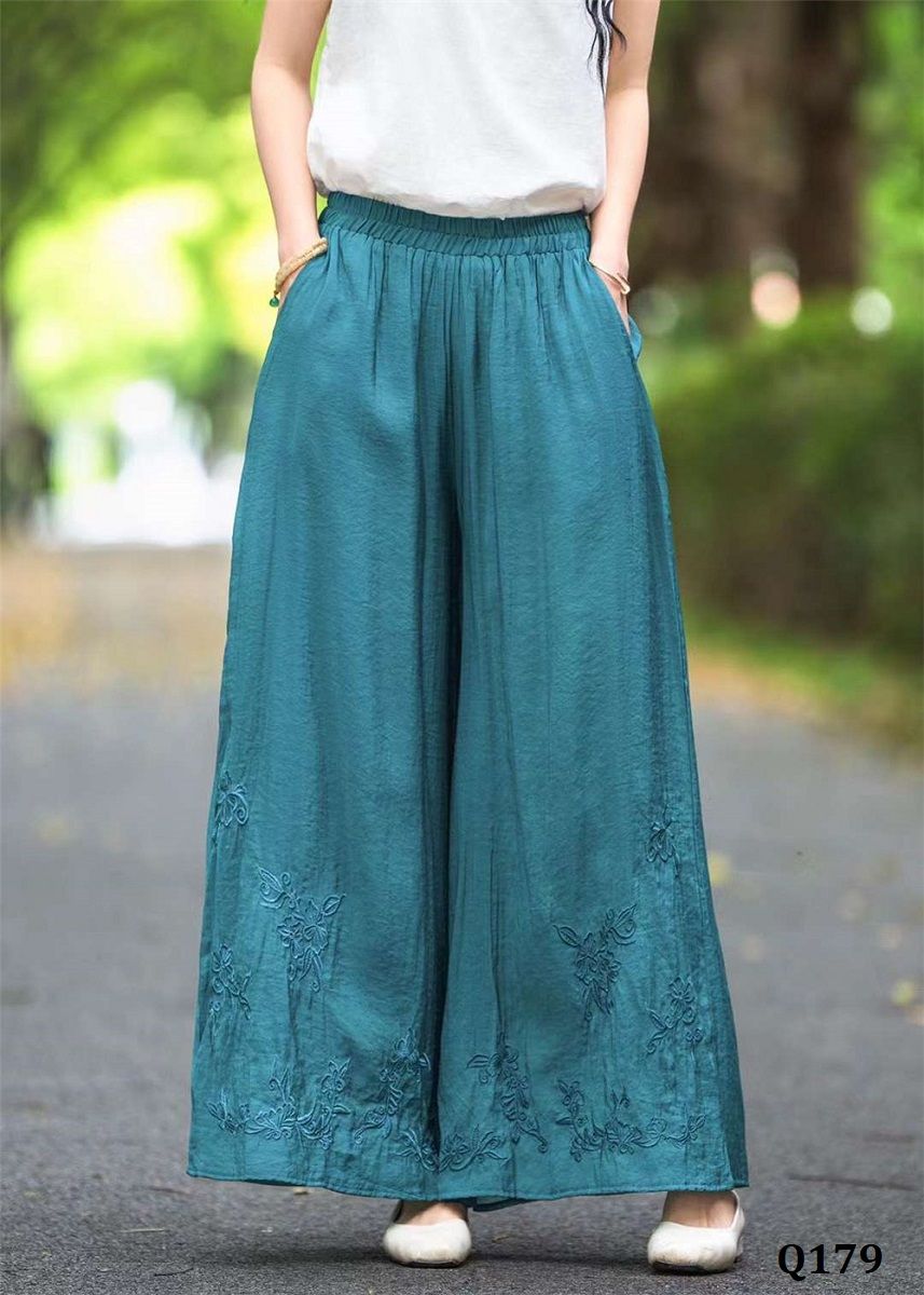  Q179-Quần Lụa Ống Rộng Thêu Phong Cách Âu 