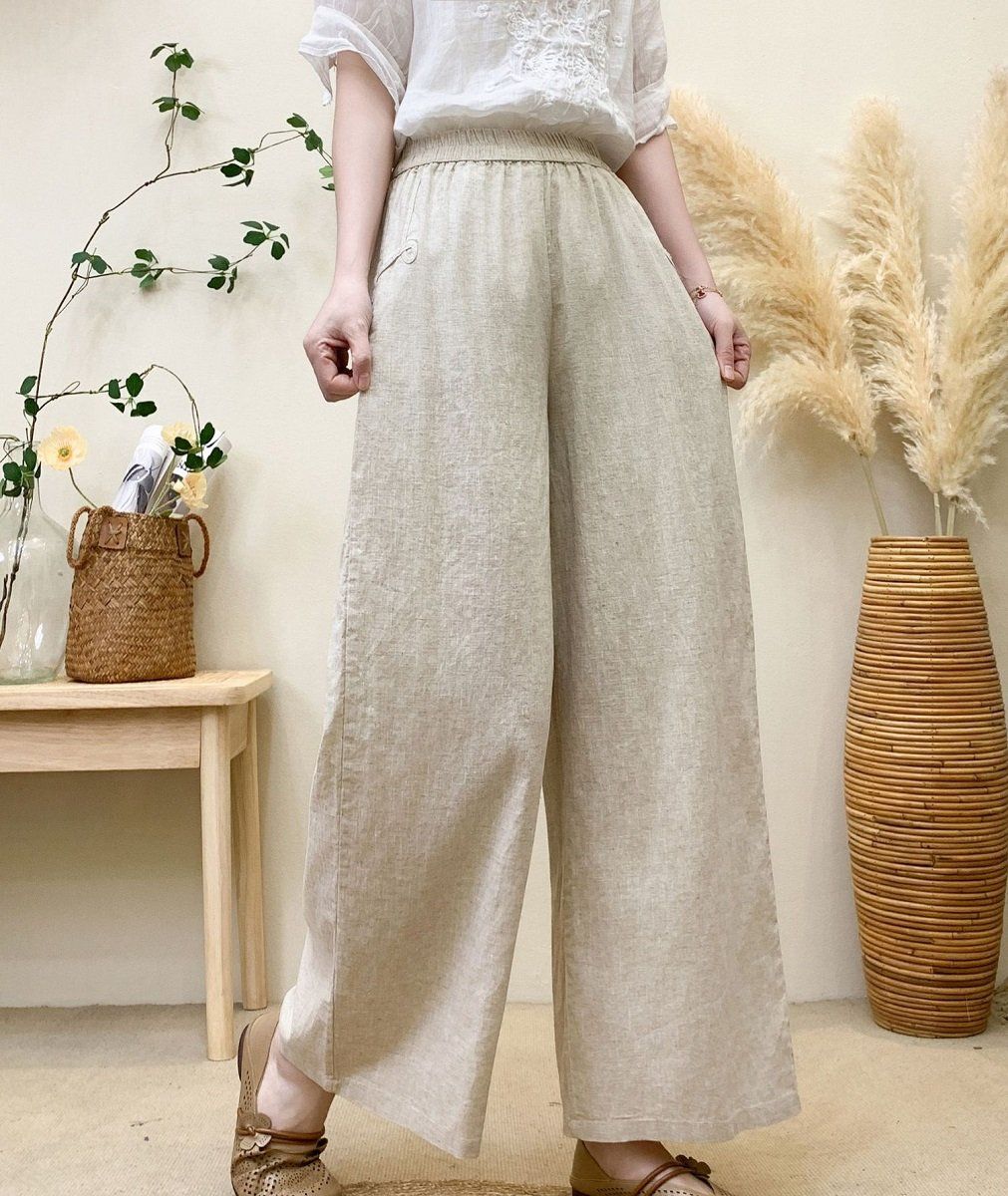  Q180-Quần Linen Ống Rộng Thêu Túi 