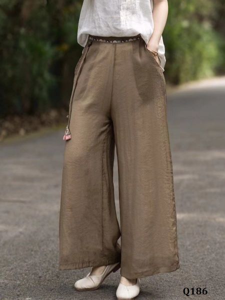  Q186-Quần Linen Lụa Ống Rộng Thêu Lưng Điểm Dây 