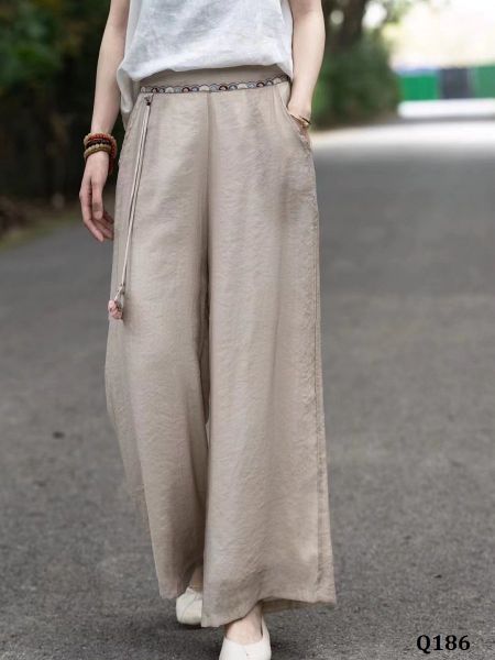  Q186-Quần Linen Lụa Ống Rộng Thêu Lưng Điểm Dây 