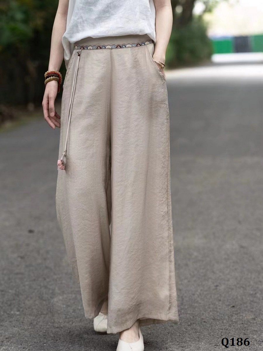  Q186-Quần Linen Lụa Ống Rộng Thêu Lưng Điểm Dây 