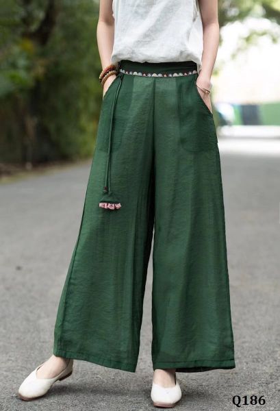  Q186-Quần Linen Lụa Ống Rộng Thêu Lưng Điểm Dây 