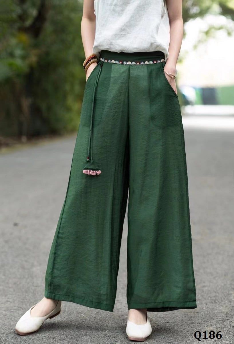  Q186-Quần Linen Lụa Ống Rộng Thêu Lưng Điểm Dây 