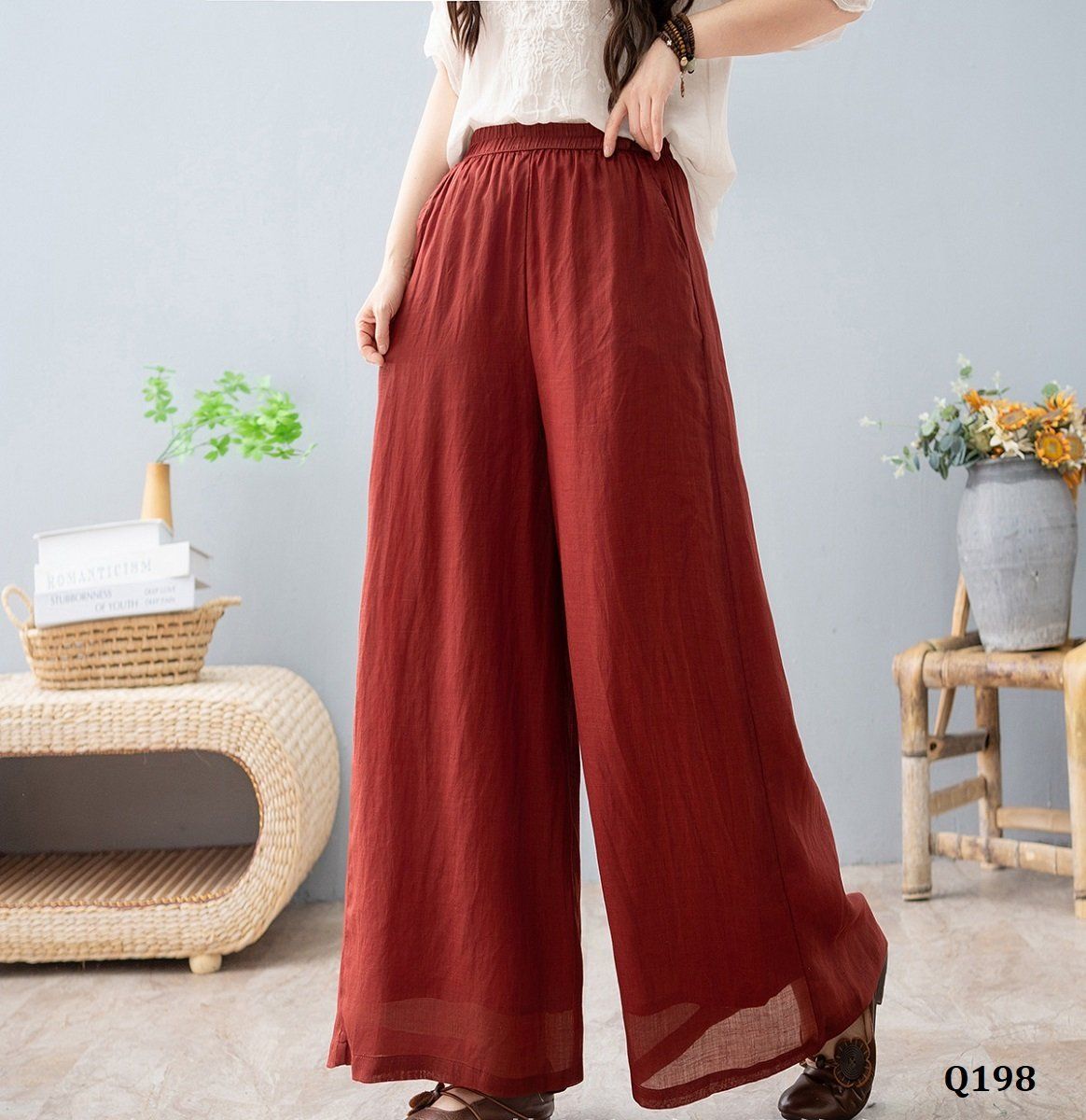  Q198-Quần Ramie Ống Rộng Đơn Giản Thanh Lịch 