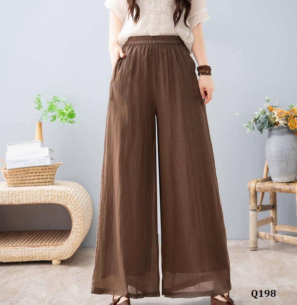  Q198-Quần Ramie Ống Rộng Đơn Giản Thanh Lịch 
