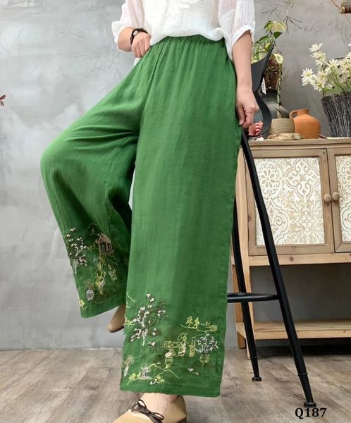  Q187-Quần Ramie Ống Rộng Thêu Phong Cảnh 