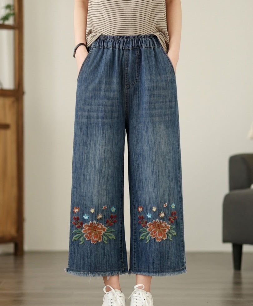  Q193-Quần Jeans Ống Rộng Thêu Mẫu Đơn 