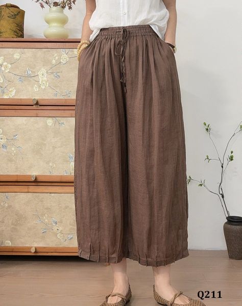  Q211-Quần Ramie Ống Rộng Lai Xếp Li 