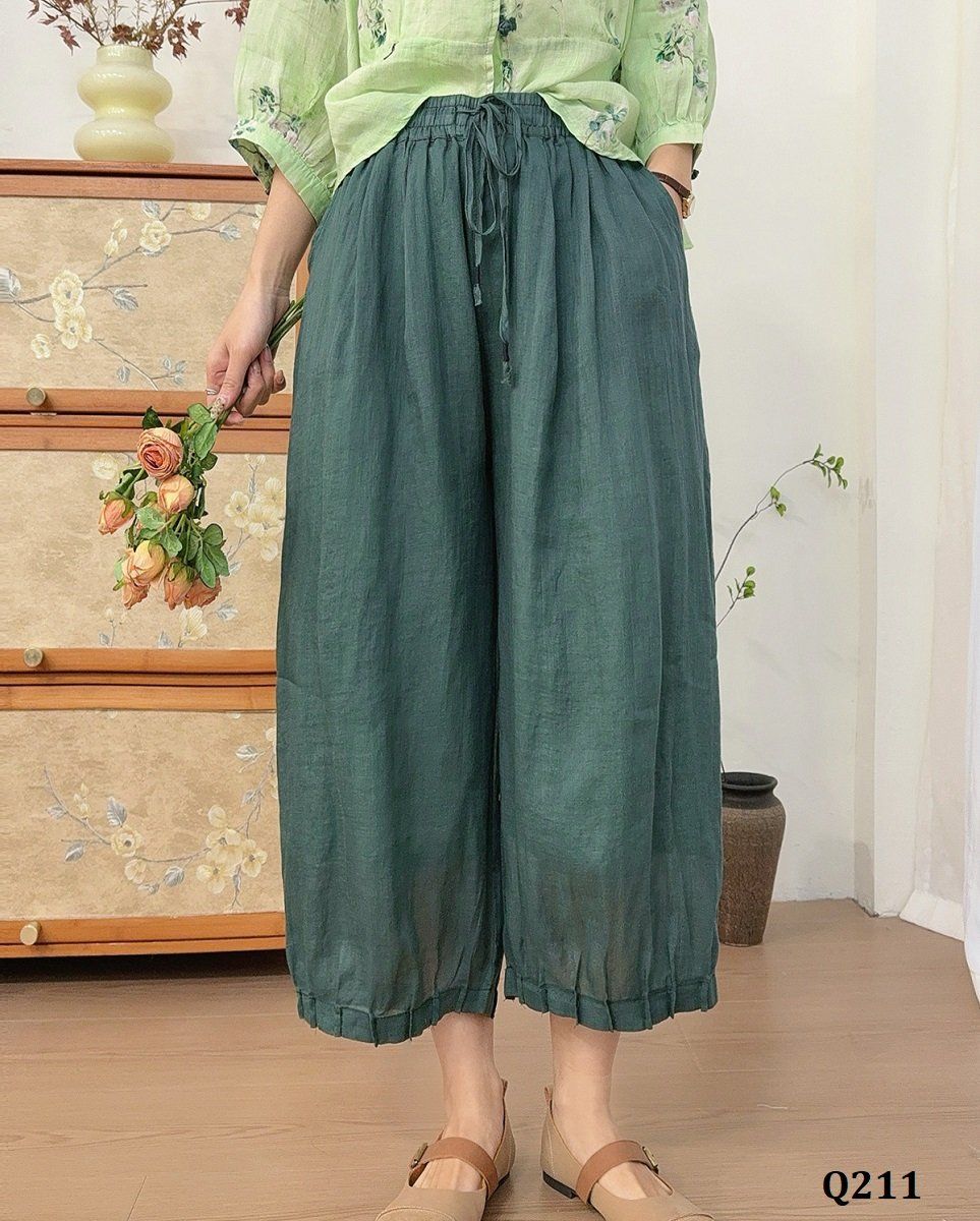  Q211-Quần Ramie Ống Rộng Lai Xếp Li 