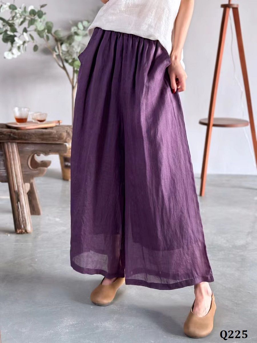  Q225-Quần Ramie Ống Rộng Hai Lớp Lưng Thun 