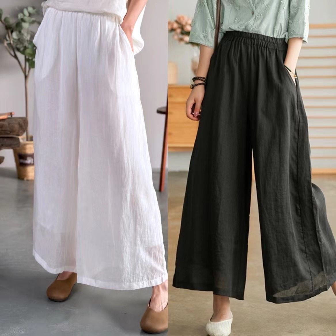  Q225-Quần Ramie Ống Rộng Hai Lớp Lưng Thun 