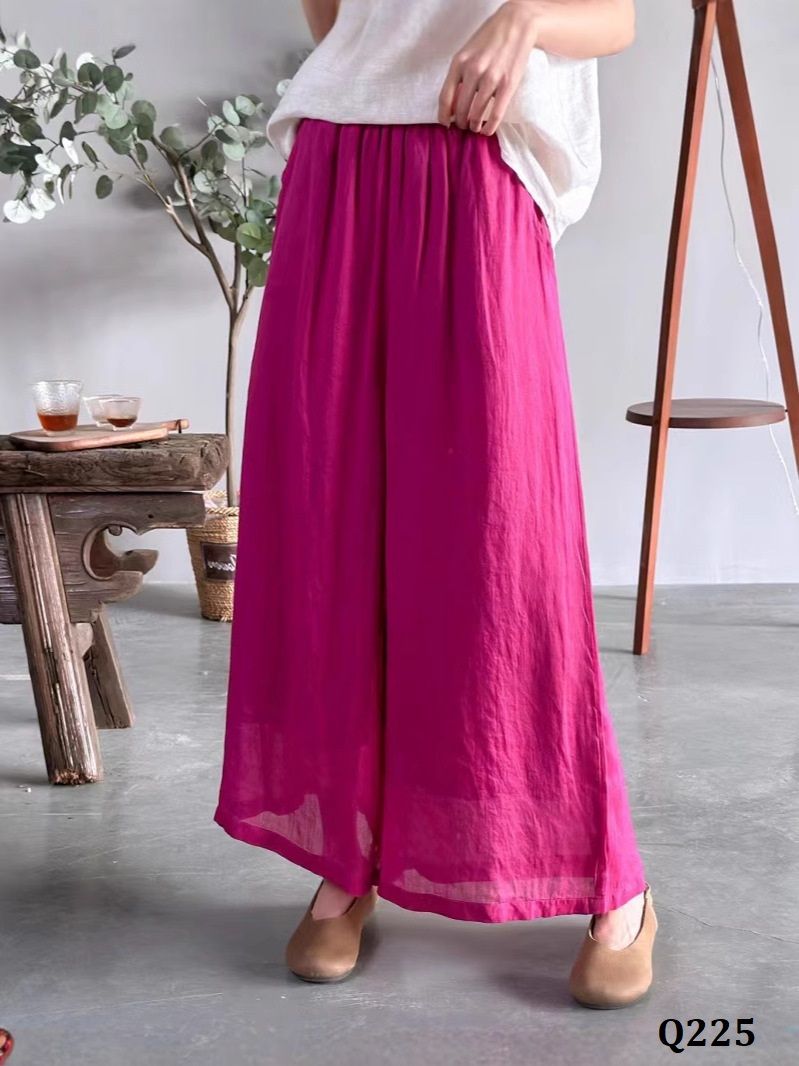  Q225-Quần Ramie Ống Rộng Hai Lớp Lưng Thun 