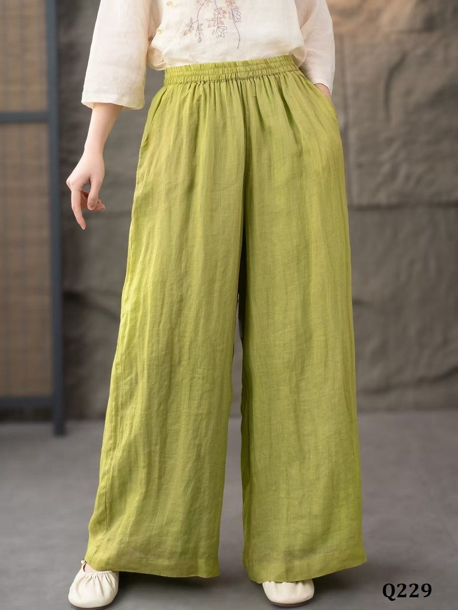  Q229-Quần Ramie Ống Rộng Hai Lớp Tối Giản 