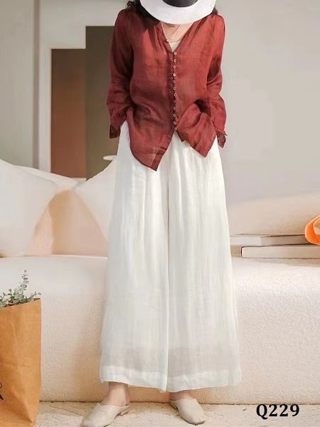  Q229-Quần Ramie Ống Rộng Hai Lớp Tối Giản 