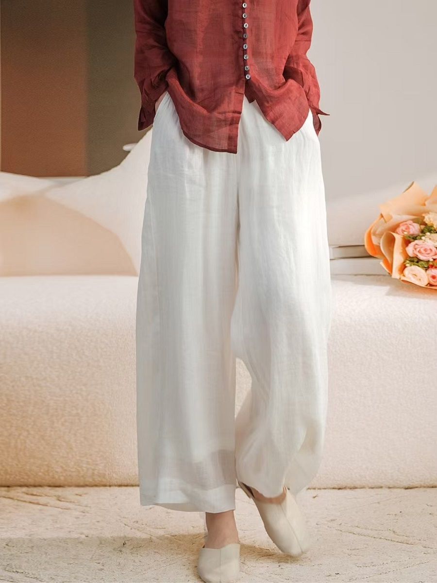  Q229-Quần Ramie Ống Rộng Hai Lớp Tối Giản 