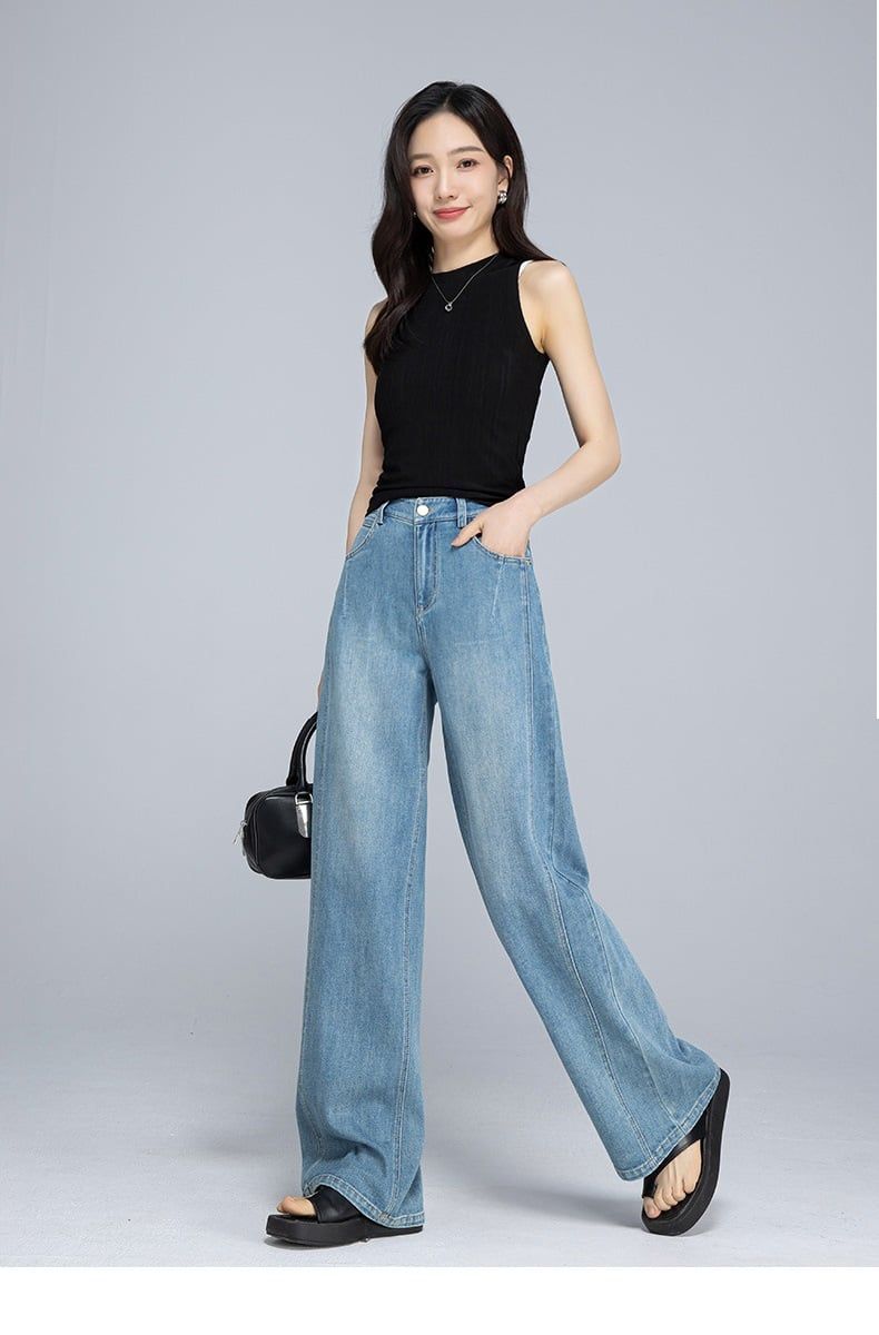  Q235-Quần Jeans Ống Rộng Xếp Nếp Túi 
