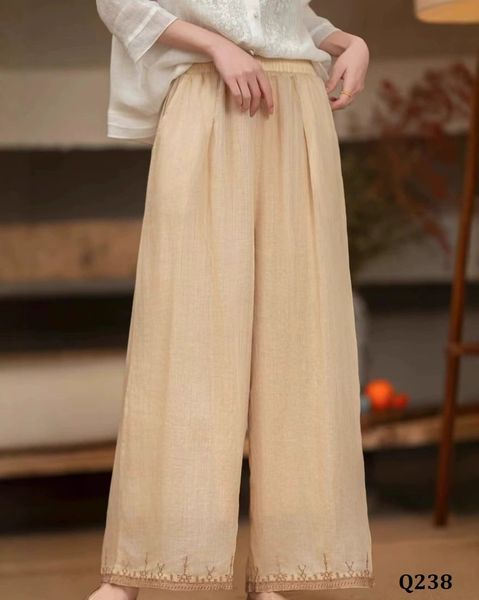  Q238-Quần Ramie Ống Rộng Hai Lớp Retro Viền Ren Thêu Nghệ Thuật 