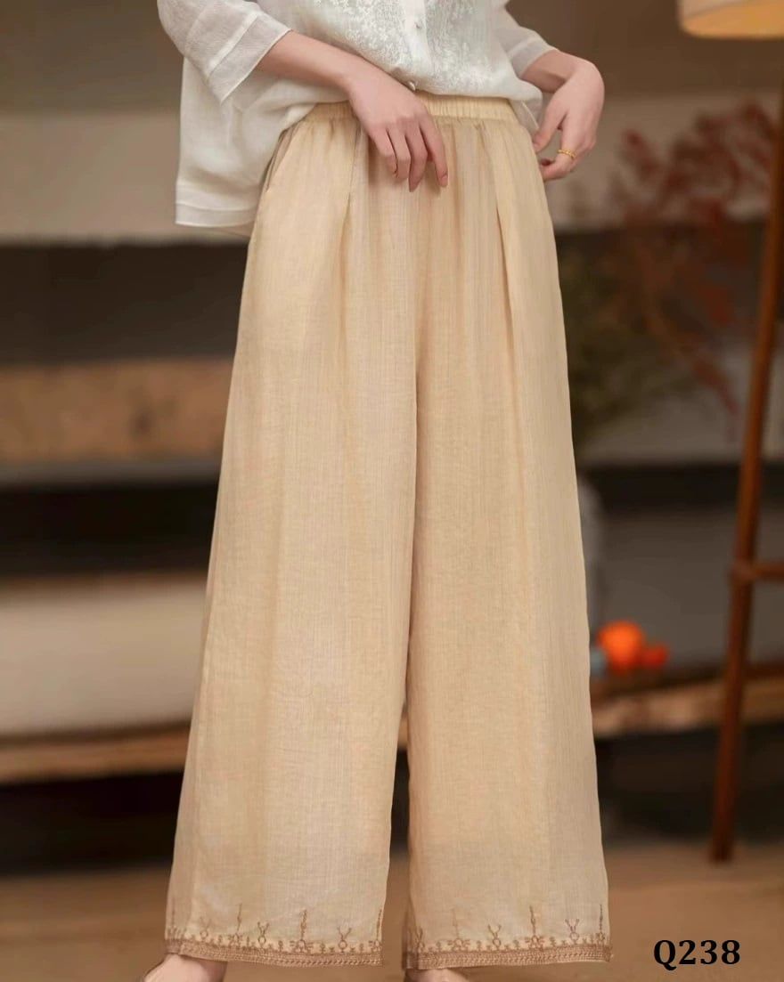  Q238-Quần Ramie Ống Rộng Hai Lớp Retro Viền Ren Thêu Nghệ Thuật 