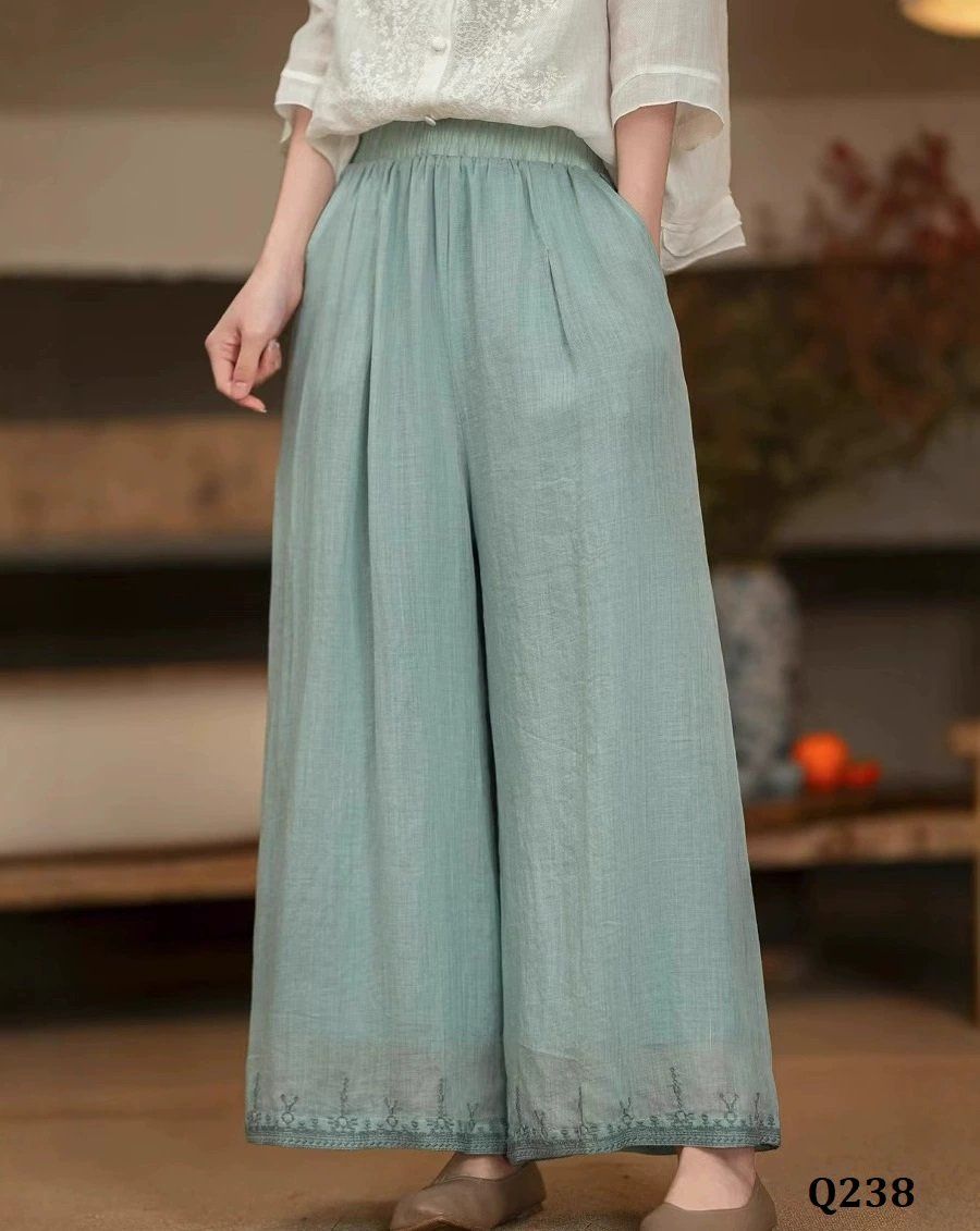  Q238-Quần Ramie Ống Rộng Hai Lớp Retro Viền Ren Thêu Nghệ Thuật 