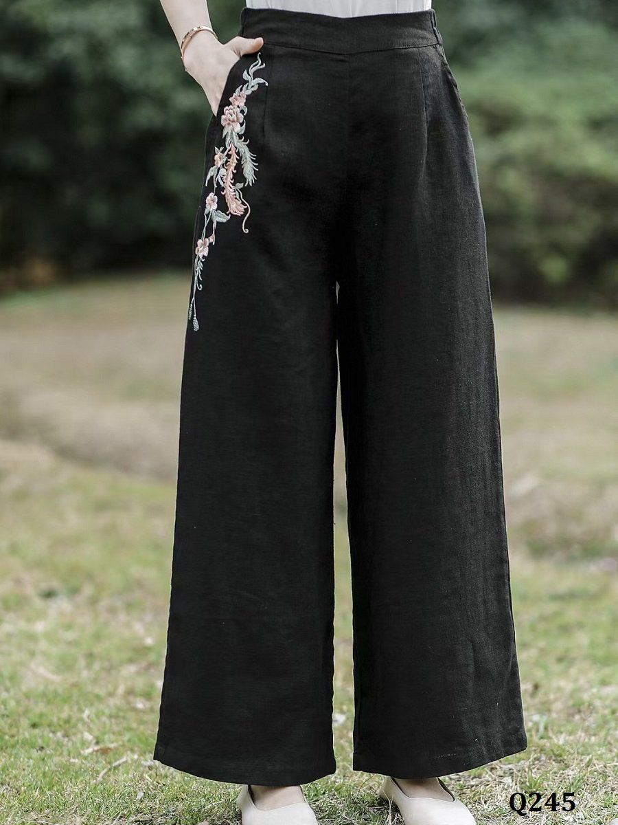  Q245-Quần Linen Ống Rộng Thêu Hoa Bên Túi 