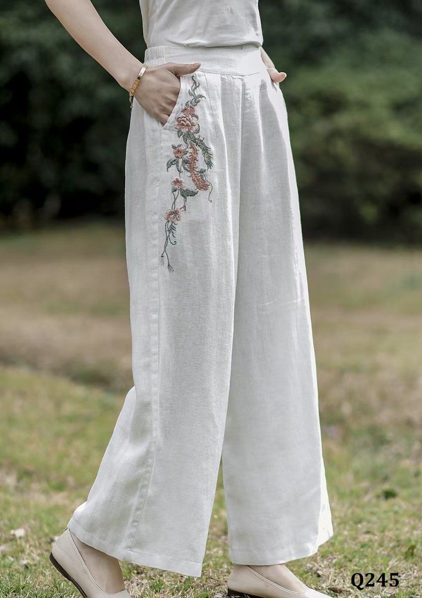  Q245-Quần Linen Ống Rộng Thêu Hoa Bên Túi 