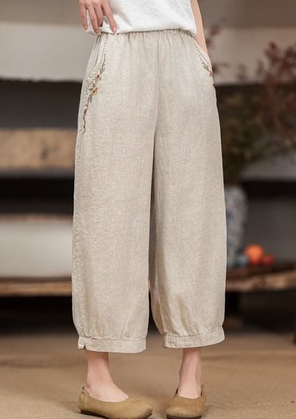  Q249-Quần Linen Ống Rộng Thêu Túi Bo Gấu 