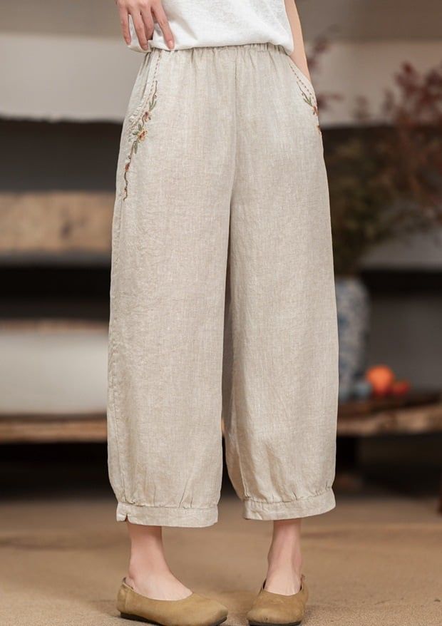  Q249-Quần Linen Ống Rộng Thêu Túi Bo Gấu 