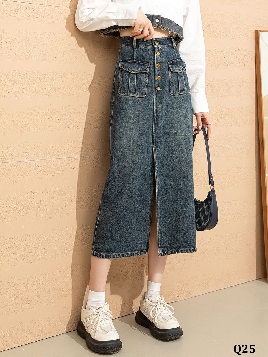  Q25-Chân Váy Chữ A Denim Túi Trước 